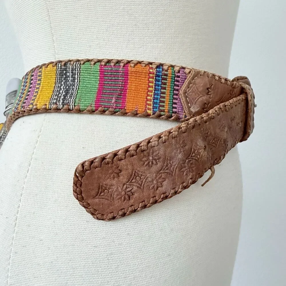 Vintage Whipstitch Brown Leather Stitched Belt Buckle Stripe Western XL